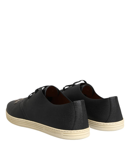 Black Leather Bee Crown Low Top Sneakers Shoes