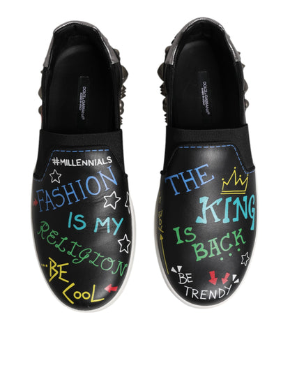 Black Leather Studded Graffiti Sneakers Shoes