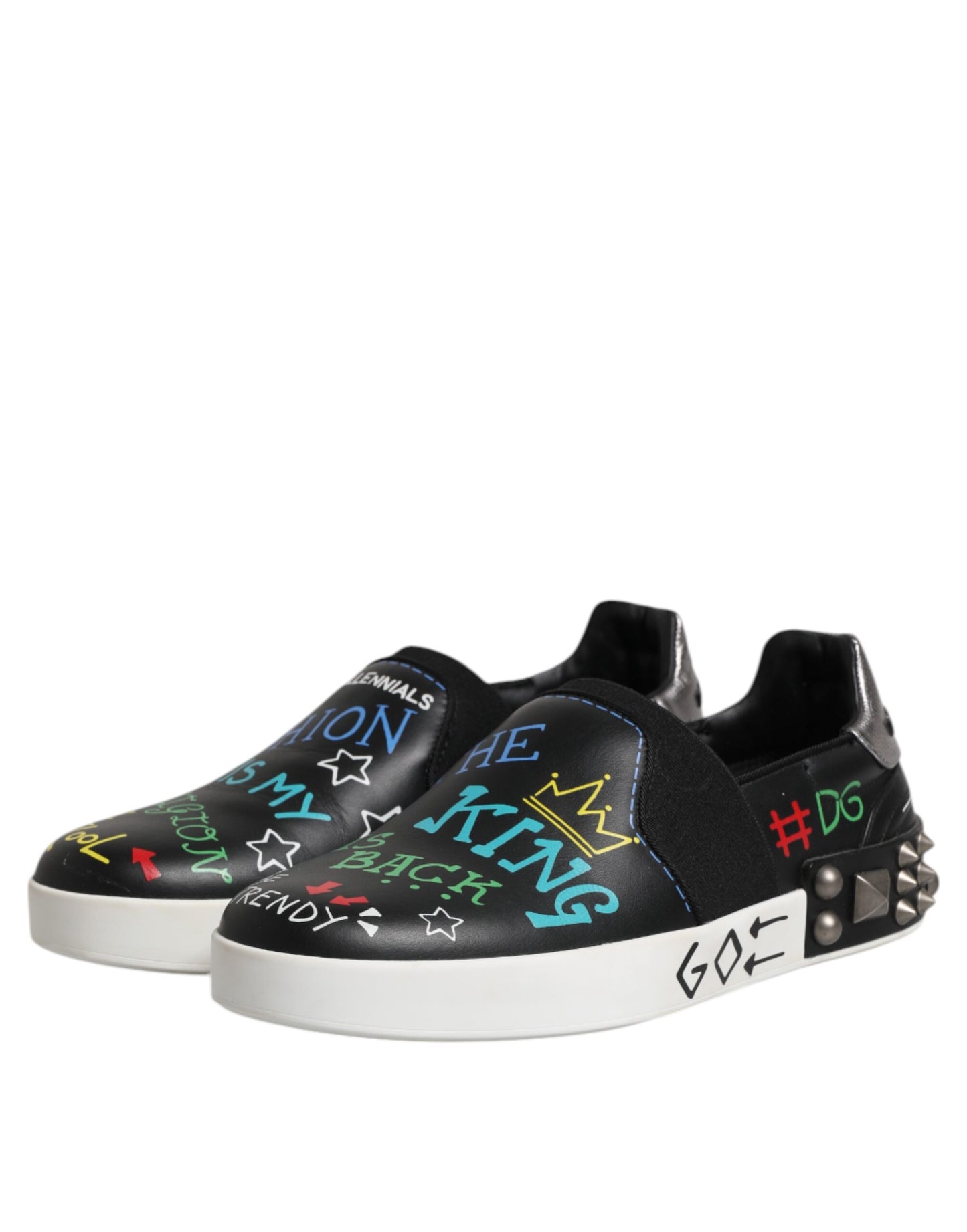 Black Leather Studded Graffiti Sneakers Shoes
