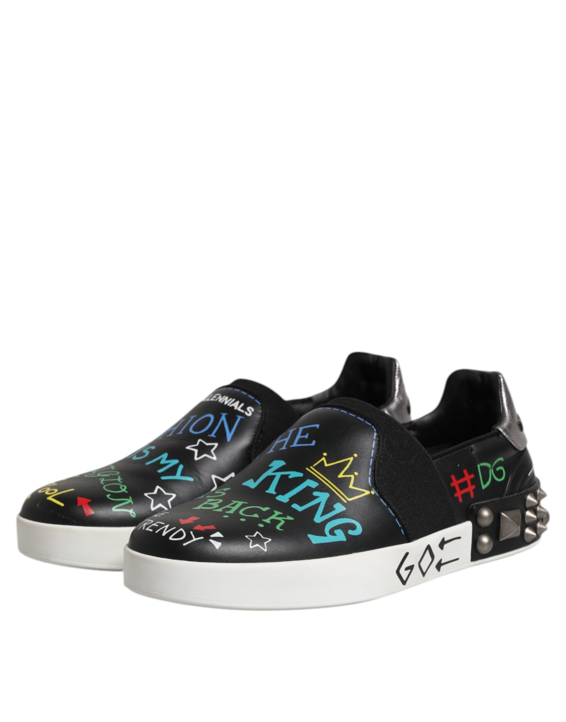 Black Leather Studded Graffiti Sneakers Shoes
