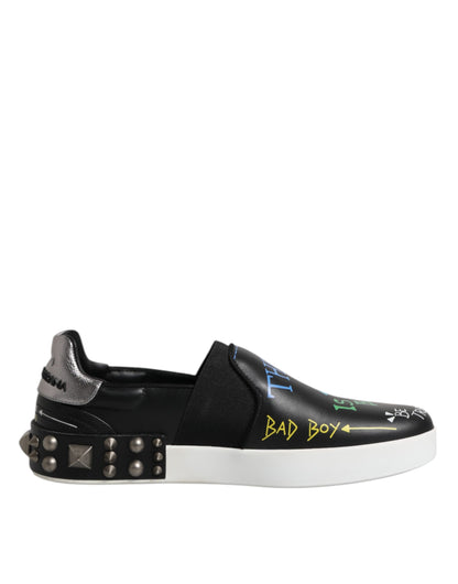 Black Leather Studded Graffiti Sneakers Shoes