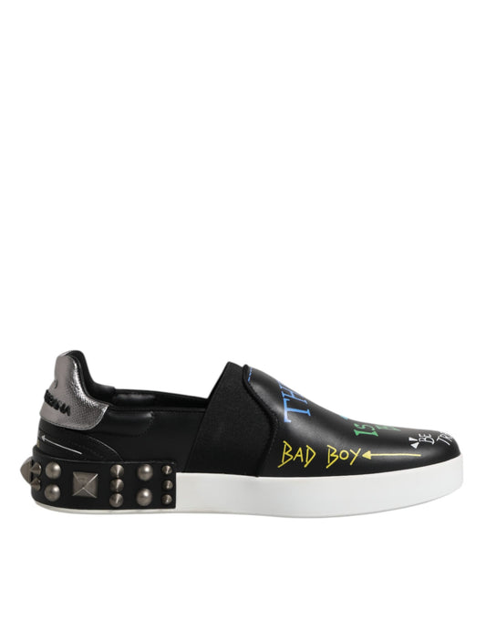 Black Leather Studded Graffiti Sneakers Shoes