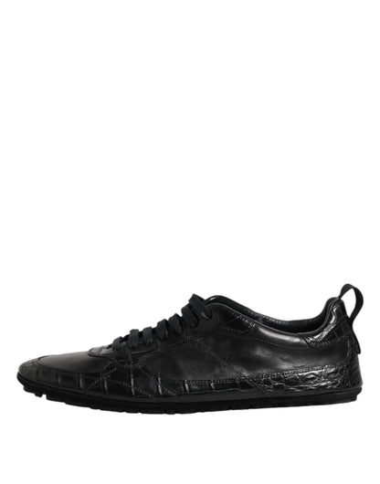 Black Exotic Leather Low Top Sneakers Shoes