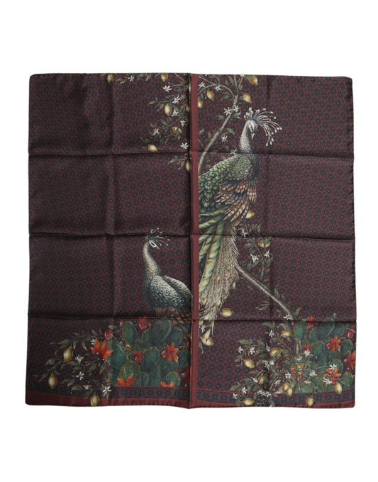 Brown Peacock Print Square Men Foulard Scarf