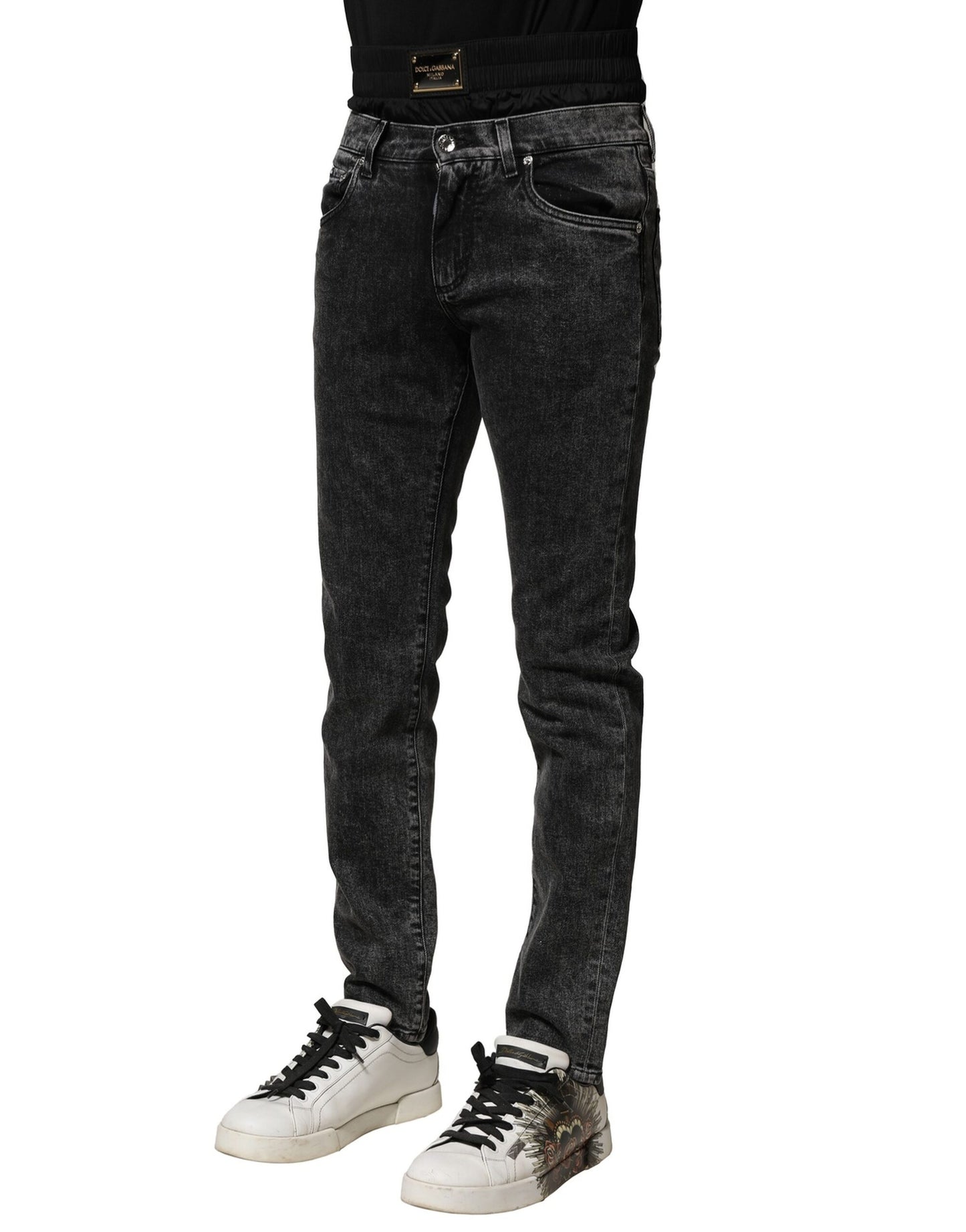 Black Washed Double Waistband Denim Jeans