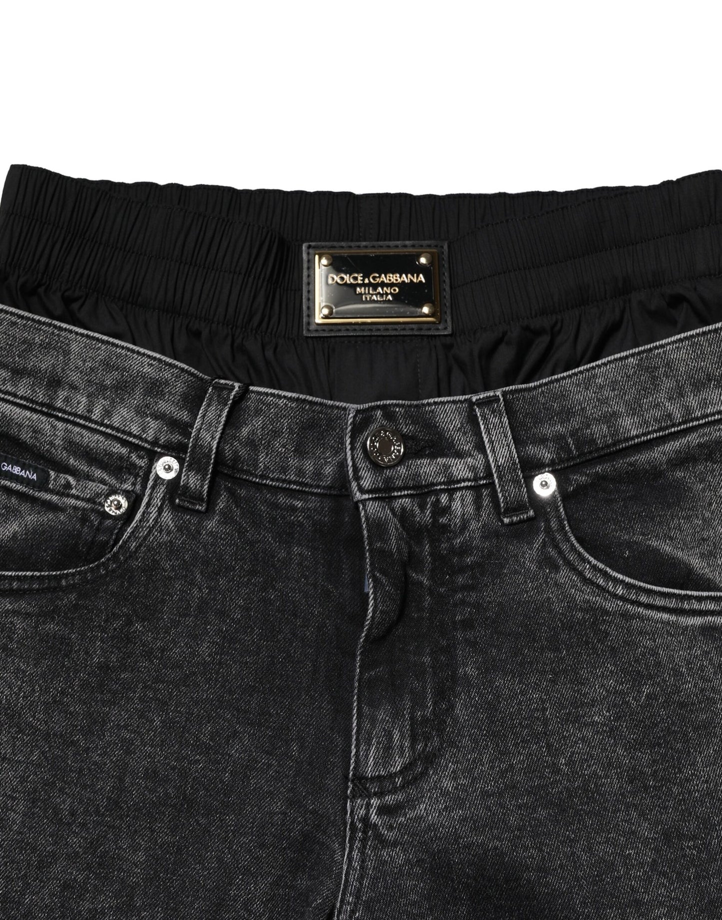 Black Washed Double Waistband Denim Jeans