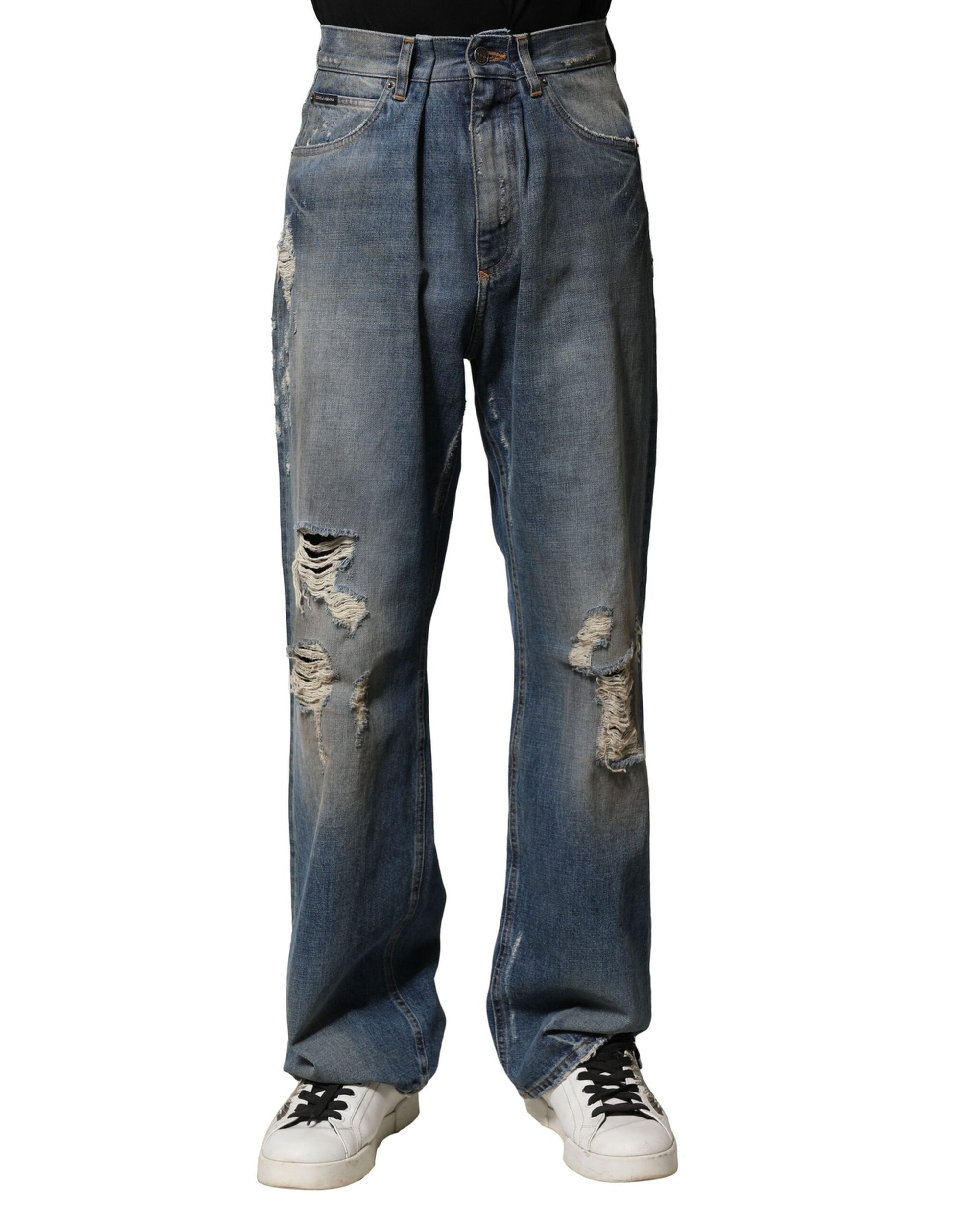Blue Cotton Tattered Men Denim Jeans
