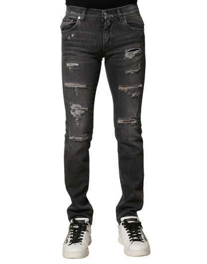 Black Washed Tattered Slim Fit Denim Jeans