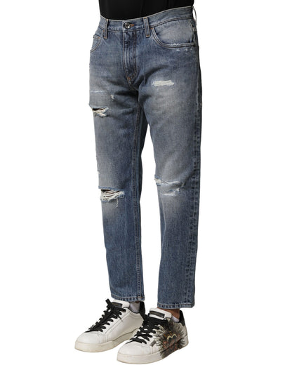 Blue Washed Tattered Straight Fit Denim Jeans