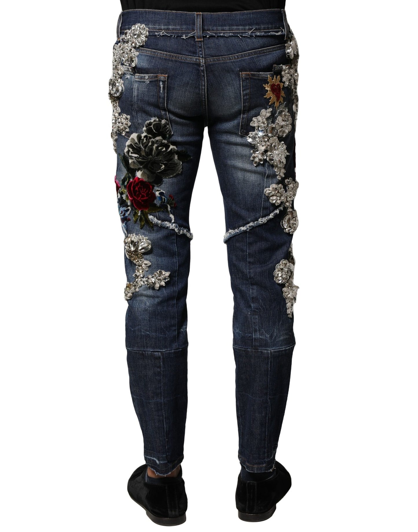 Blue Cotton Rhinestone Embellish Denim Jeans
