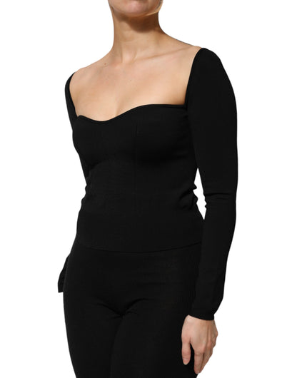 Black Viscose Long Sleeve Pullover Blouse Top