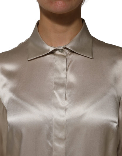 Beige Satin Silk Collared Long Sleeves Top
