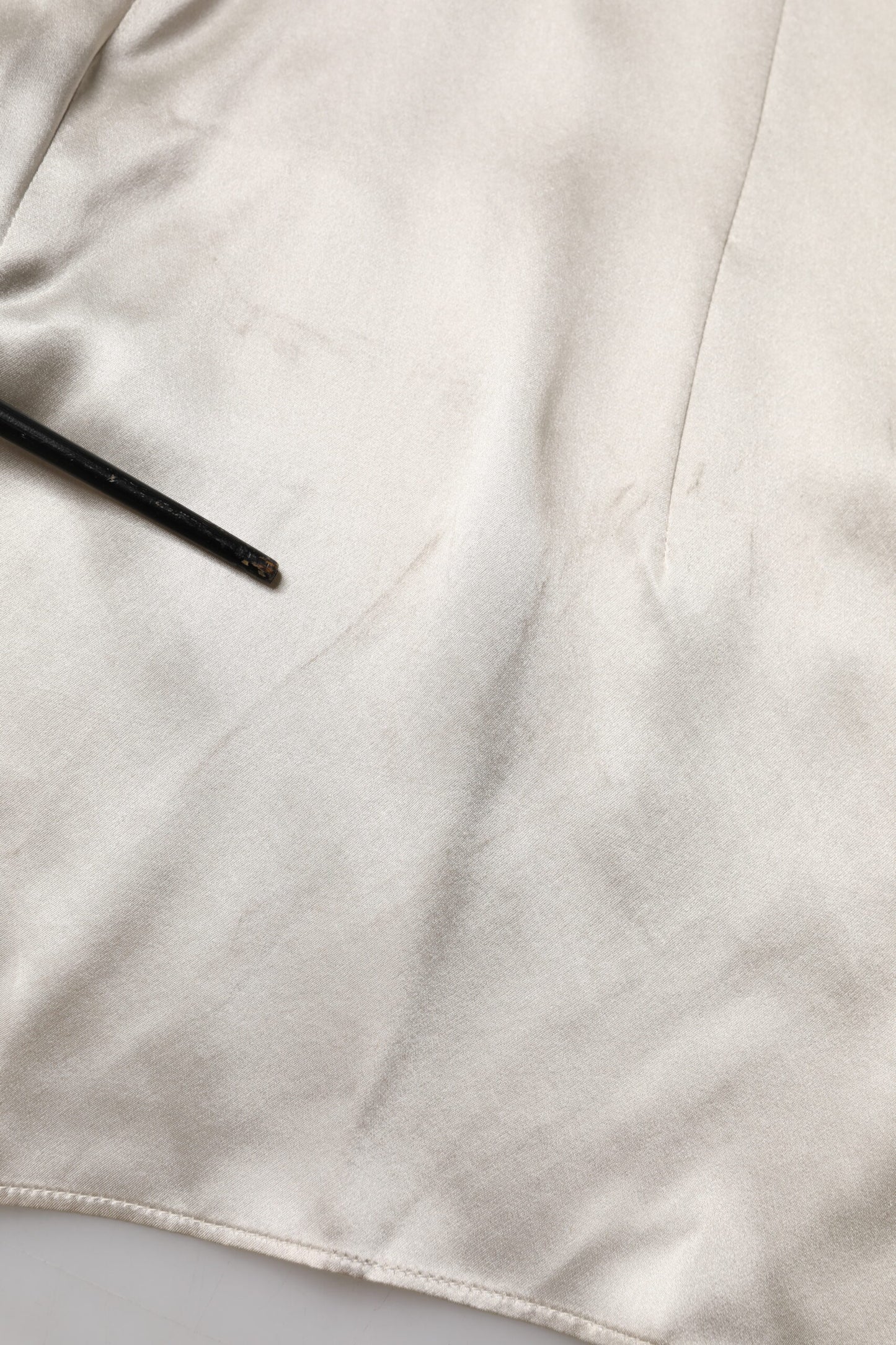 Beige Satin Silk Collared Long Sleeves Top