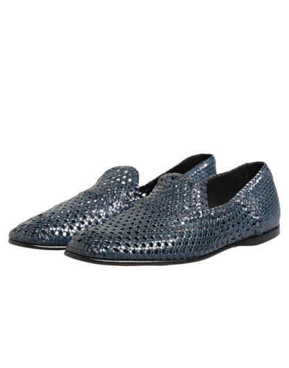 Blue Woven Leather Slip On Loafers Shoes