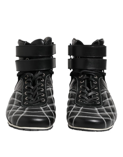 Black Quilted Leather Lace Up Sneakers Shoes