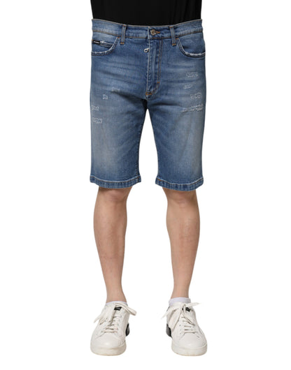 Blue Cotton Stretch Men Denim Bermuda Shorts