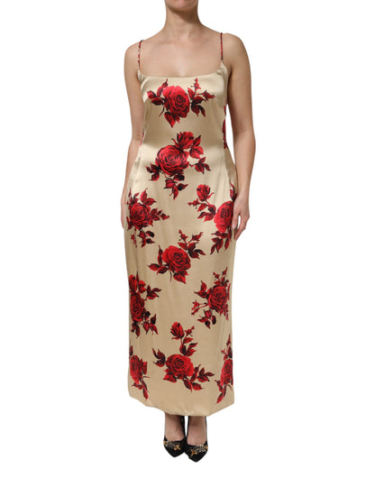 Beige Floral Spaghetti Strap Sheath Dress