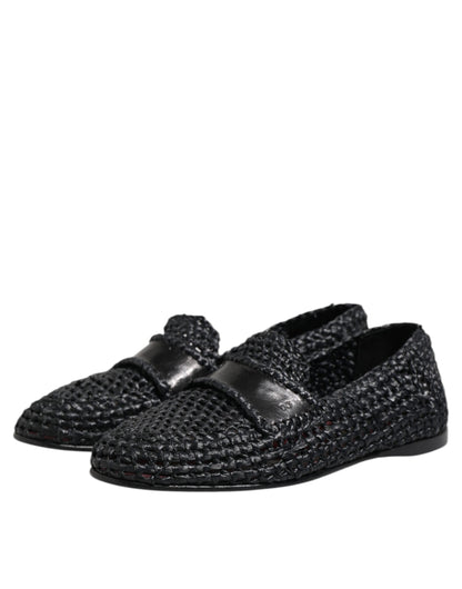 Black Woven Leather Slip On Loafers Men Shoes