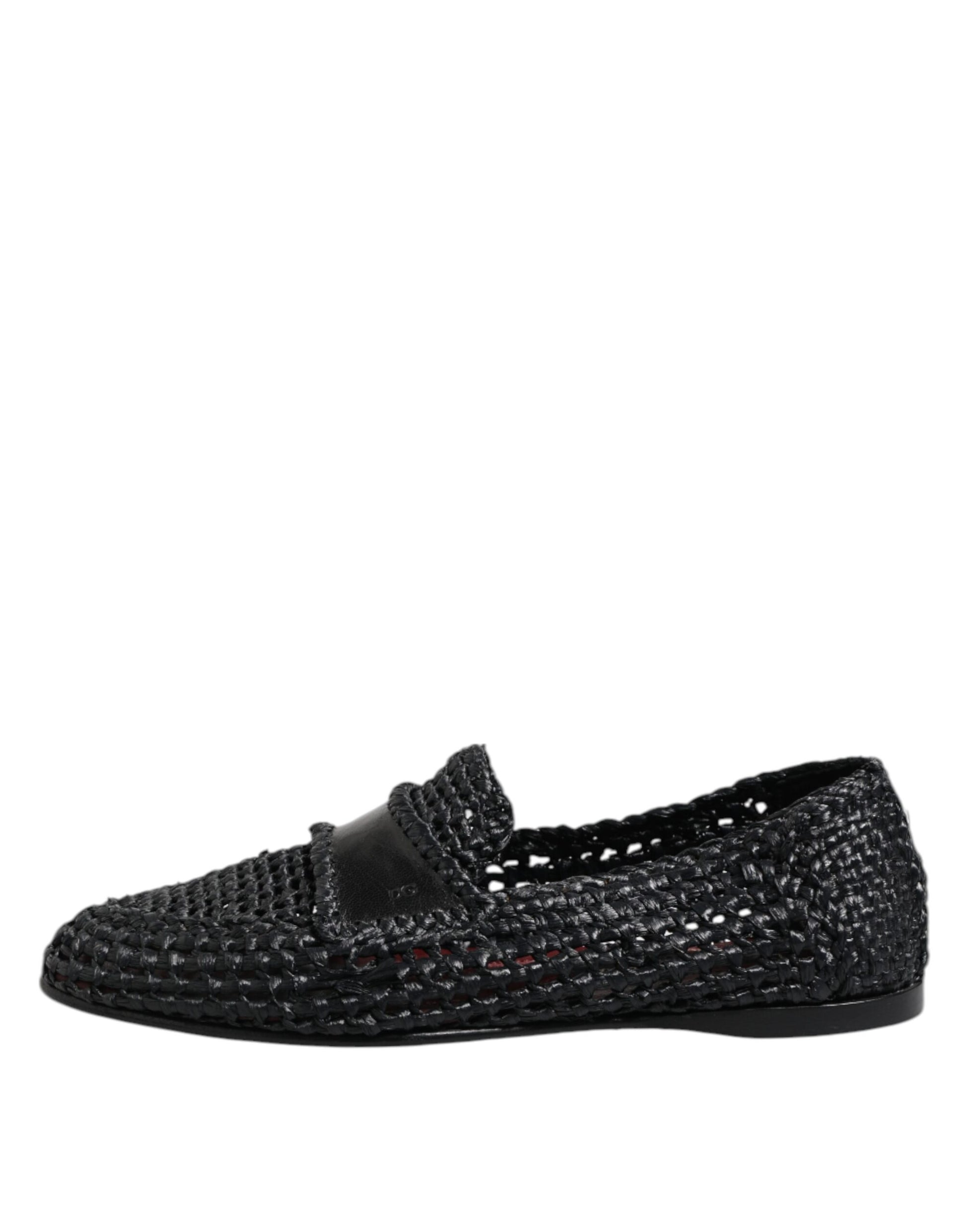 Black Woven Leather Slip On Loafers Men Shoes
