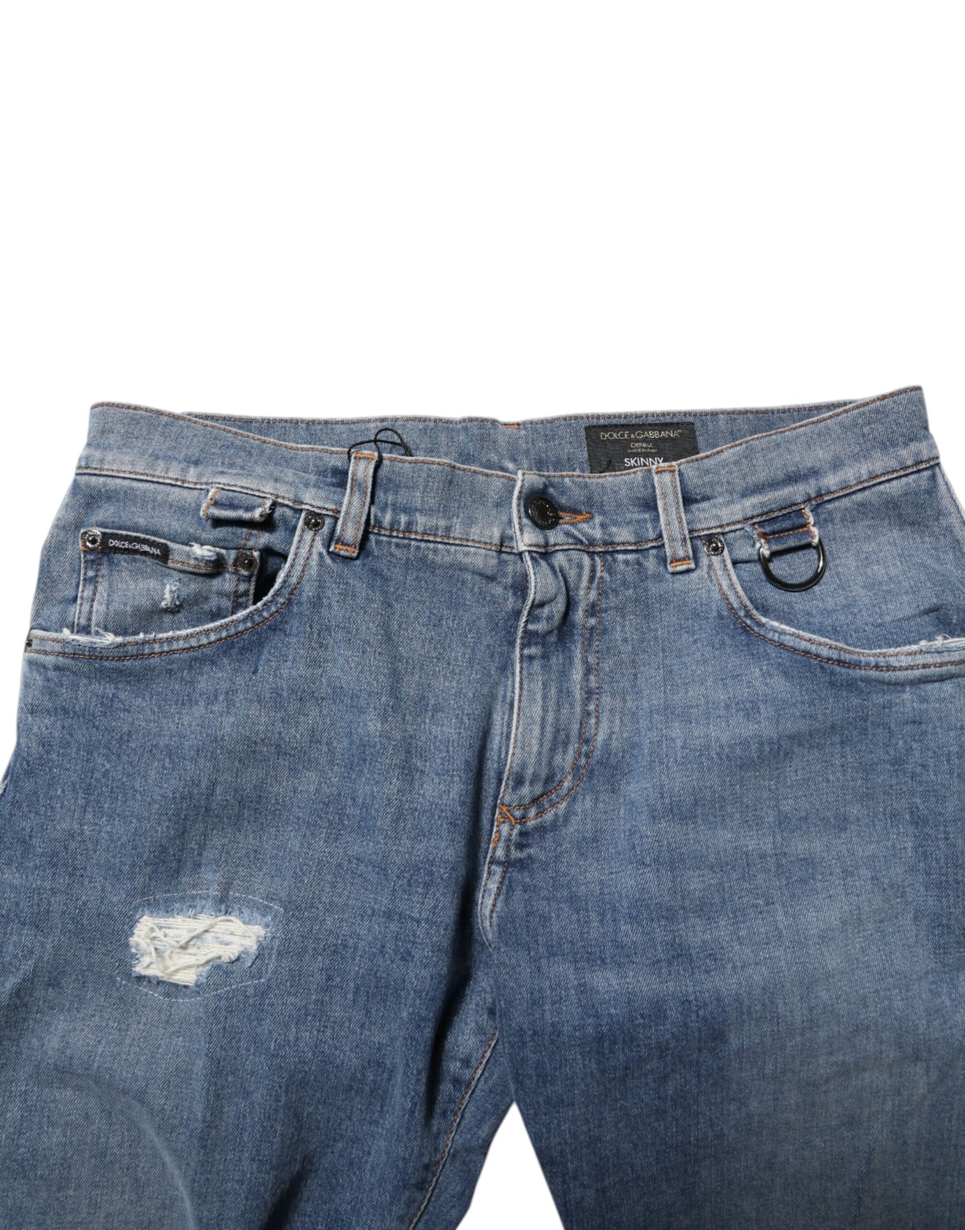 Blue Cotton Tattered Skinny Logo Denim Jeans