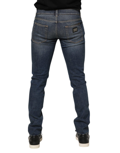 Blue Washed Skinny Logo Plaque Men Denim Jeans