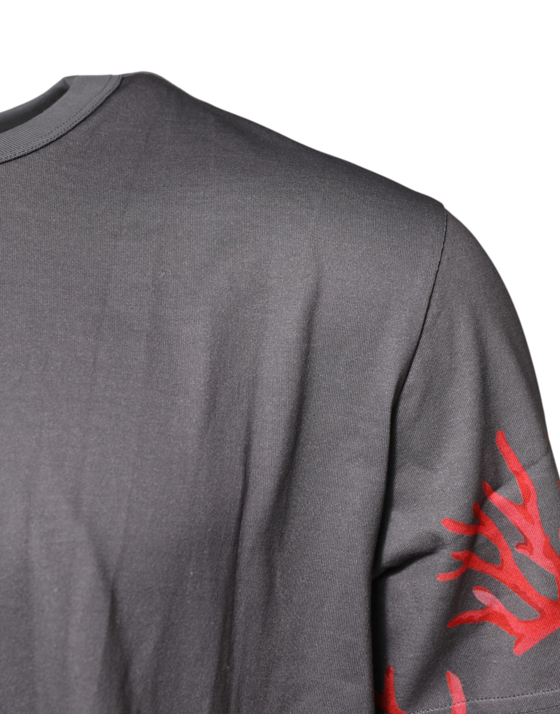 Gray Cotton Coral Print Logo Plaque T-shirt
