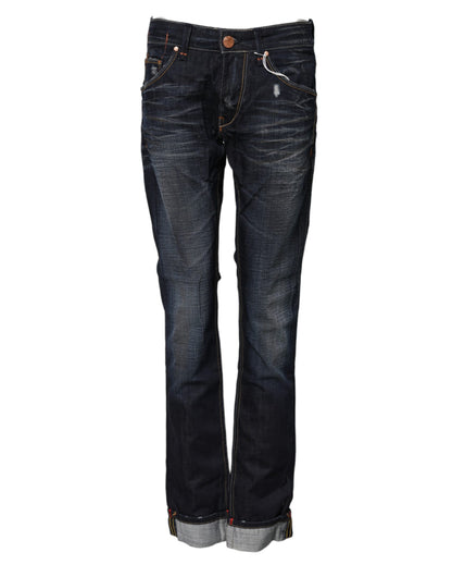 Blue Washed Cotton Mid Waist Flared Denim Jeans