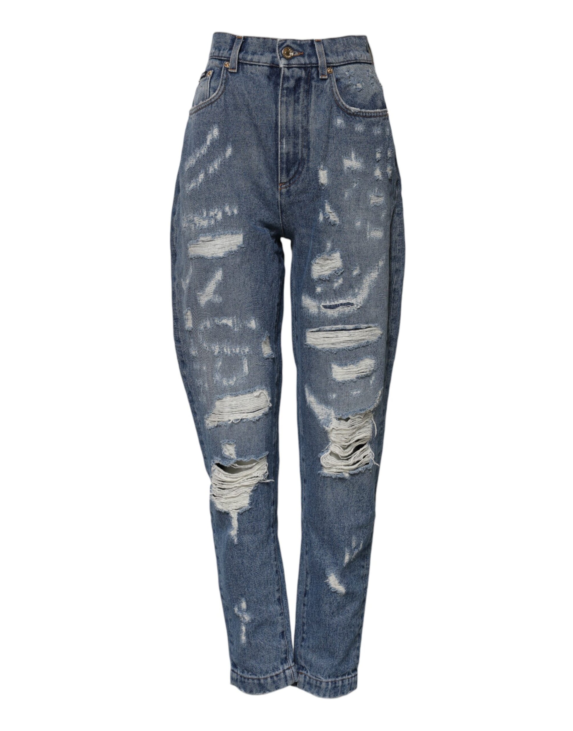 Blue Cotton Tattered High Waist Denim Jeans