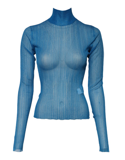 Blue See Through Turtleneck Long Sleeves Top