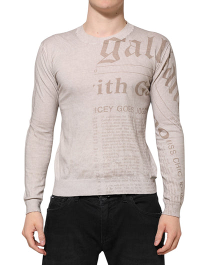 Beige Printed Logo Roundneck Long Sleeves Men Sweater