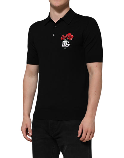 Black Wool DG Logo Rose Collared Polo T-shirt
