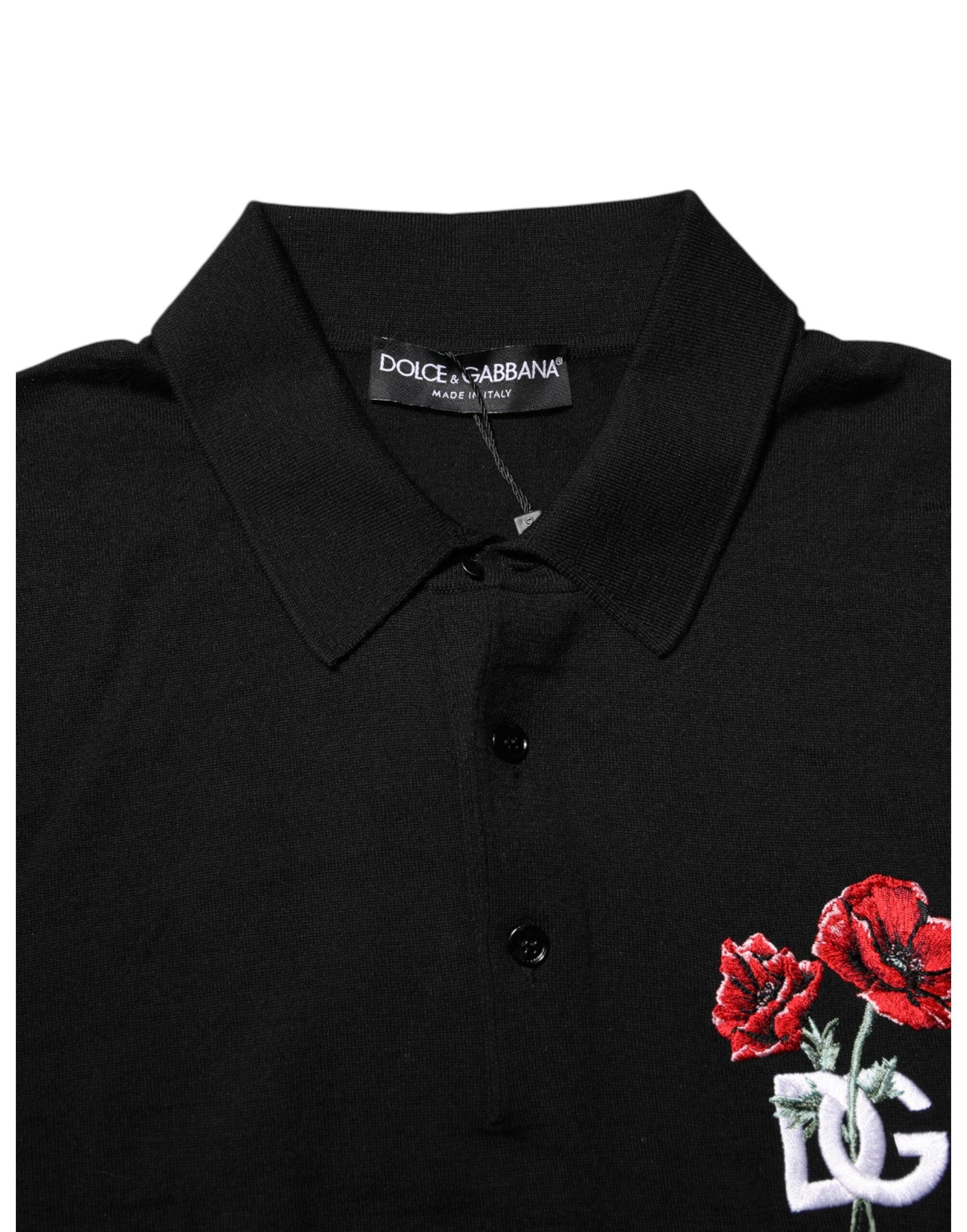 Black Wool DG Logo Rose Collared Polo T-shirt