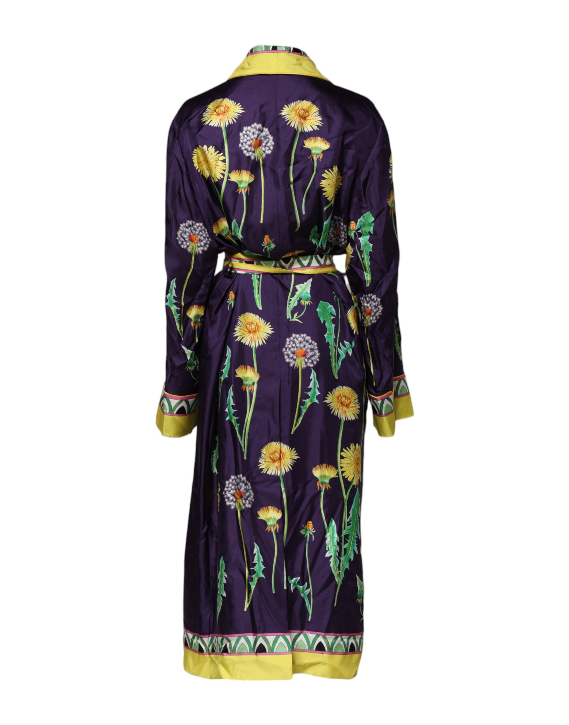 Blue Floral Print Silk Long Sleeves Wrap Robe