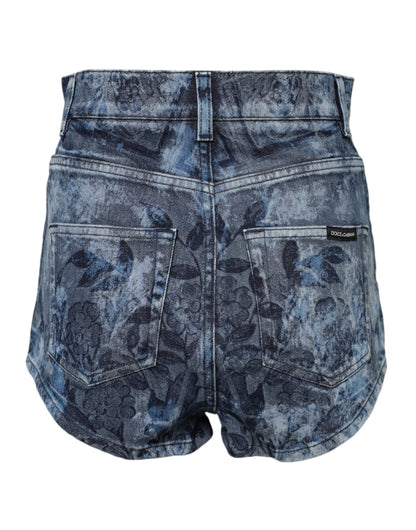 Blue Floral Print Denim Cotton Hot Pants Shorts