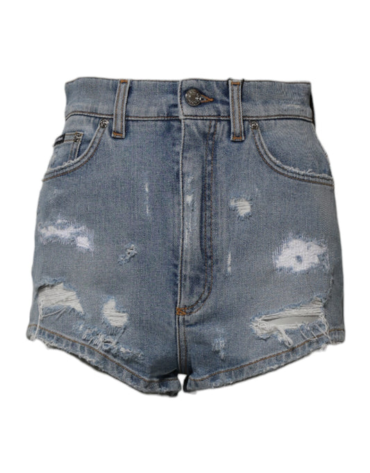 Blue Tattered Denim Cotton Hot Pants Shorts