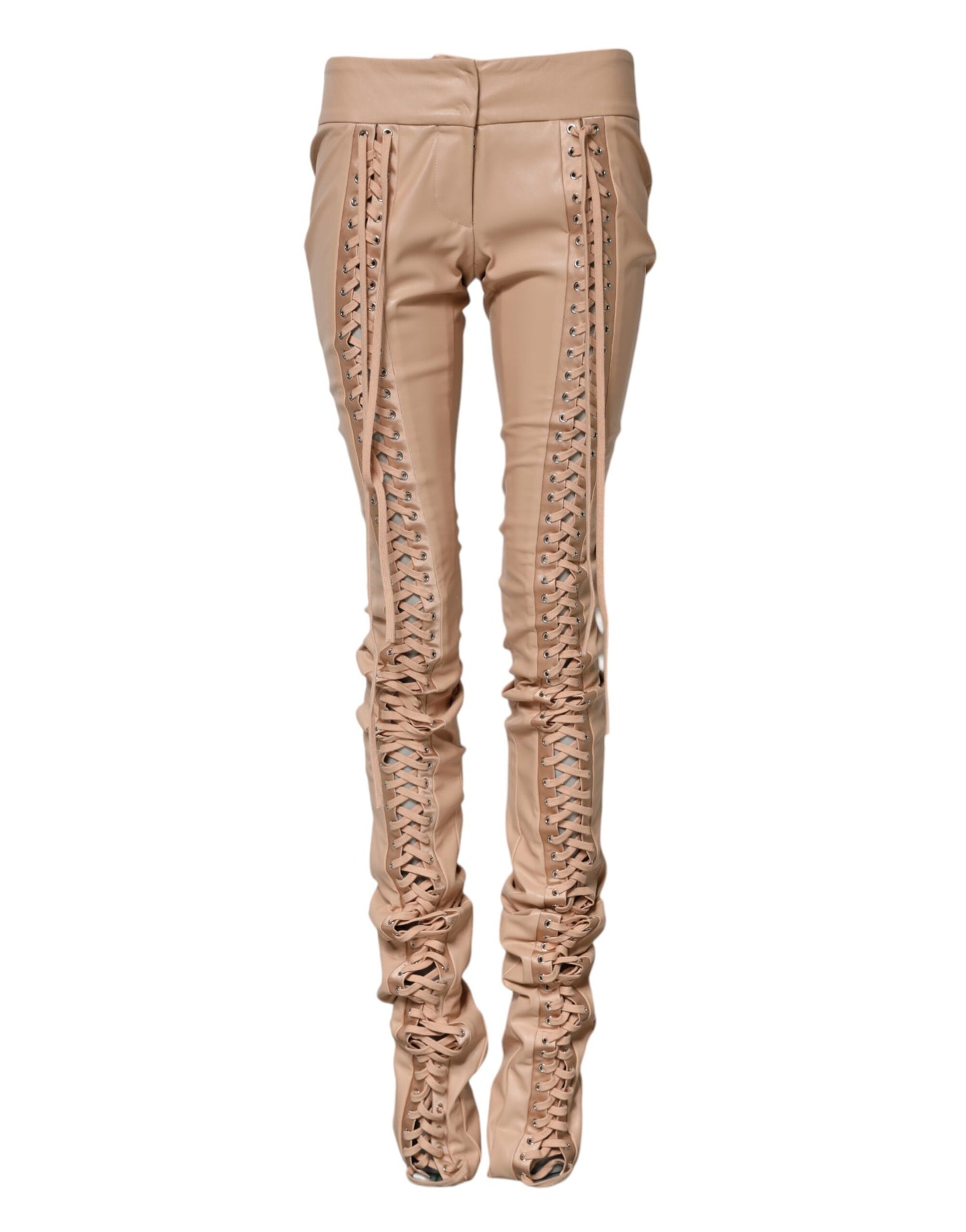 Beige Lace Details Mid Waist Skinny Pants