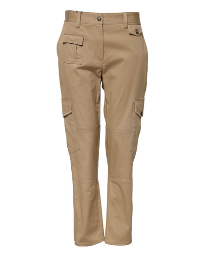Beige Mid Waist Cargo Tapered Pants