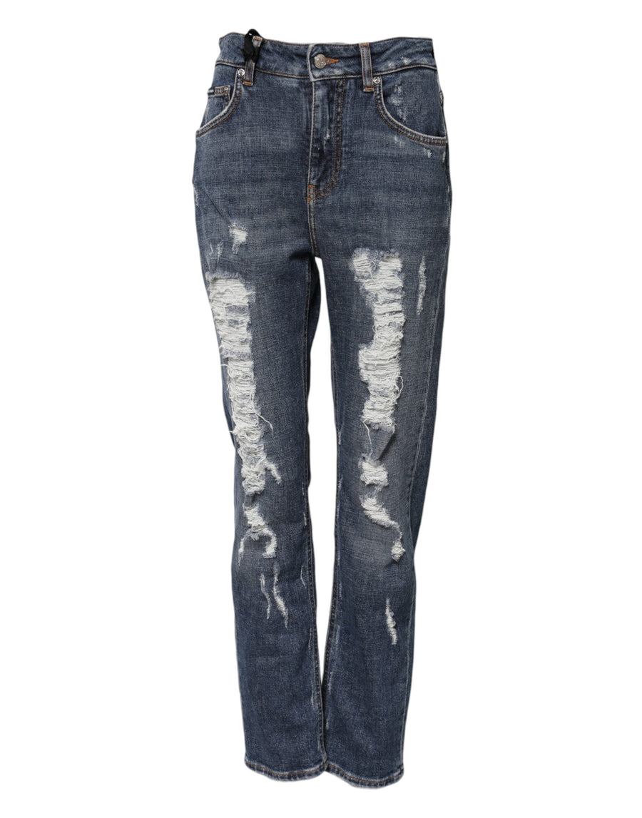 Blue Cotton Boyfriend Tattered Denim Jeans