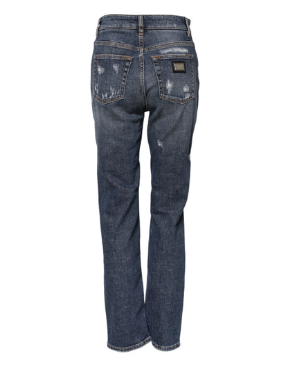 Blue Cotton Boyfriend Tattered Denim Jeans