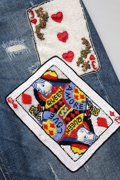 Blue Play Card Embroidery Skinny Denim Jeans