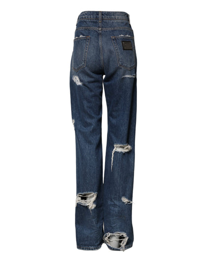 Blue Tattered Cotton Straight Denim Jeans
