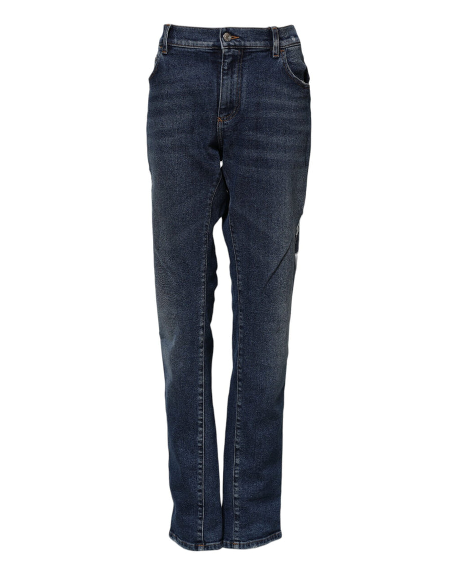 Blue Cotton Mid Waisted Straight Denim Jeans
