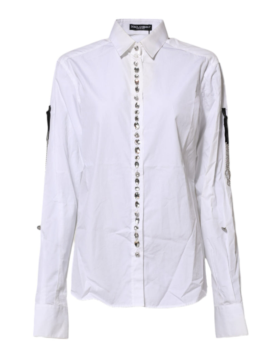 White Crystal Embellished Collared Shirt Top