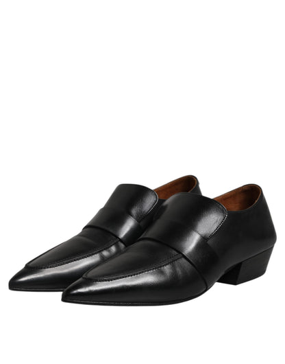Black Soft Leather Loafer Pointed Toe Slip On Shoes