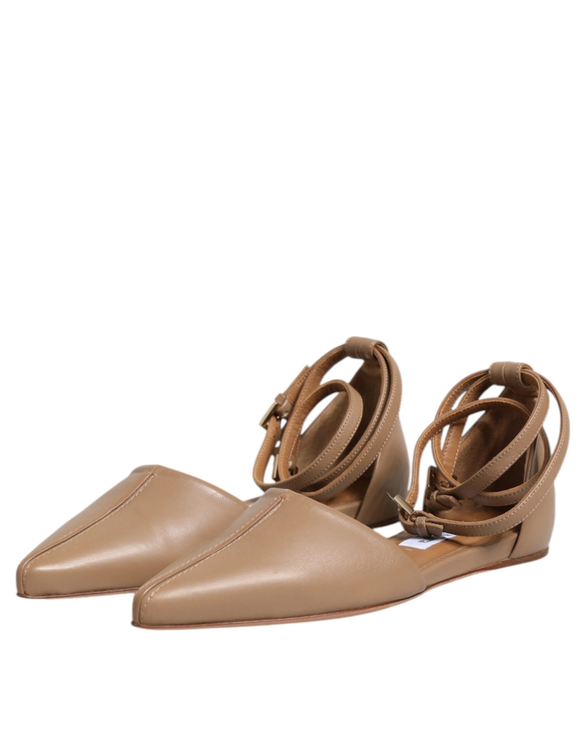Beige Leather Pointed Toe Sandals Ballet Flat Shoes