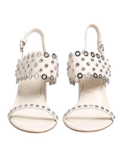 White Block Heeled Studded Quarter Strap Sandals Shoes