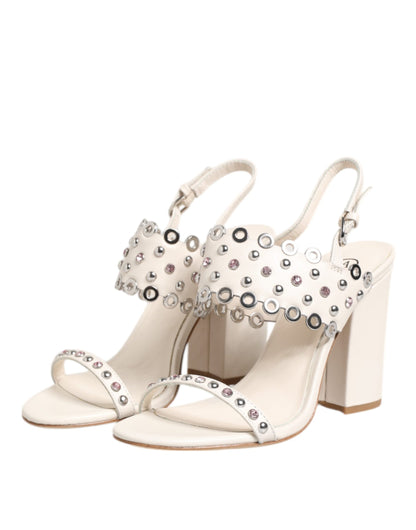 White Block Heeled Studded Quarter Strap Sandals Shoes