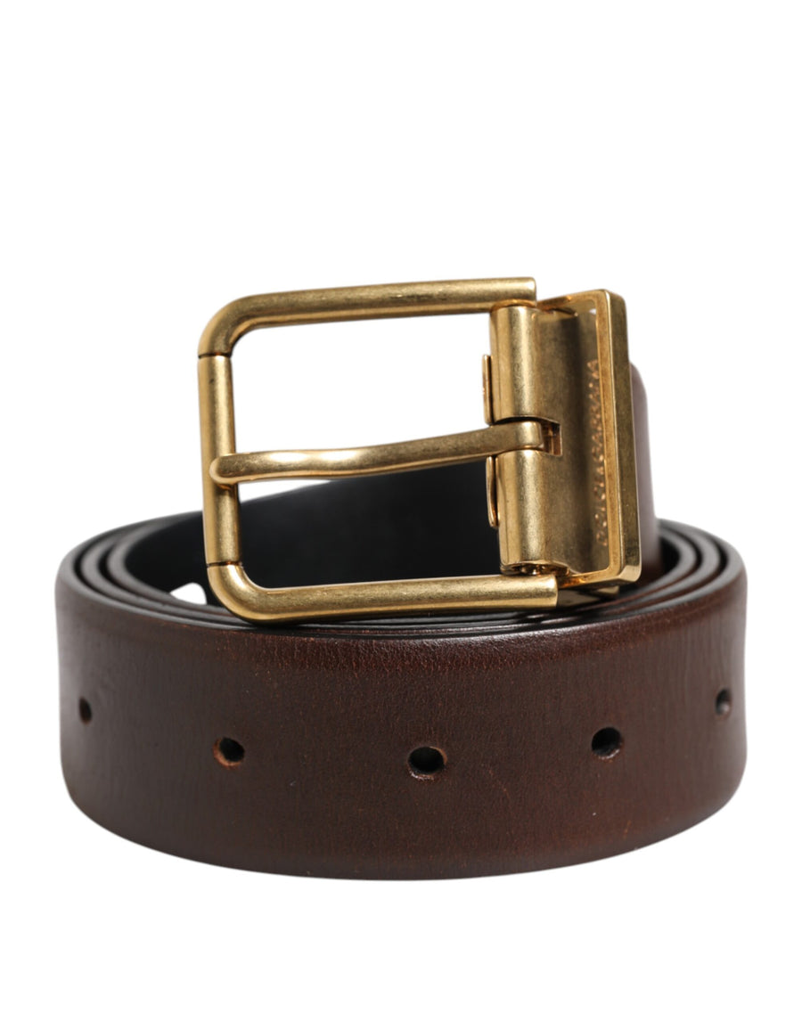 Brown Classic Gold Metal Logo Buckle Men Belt