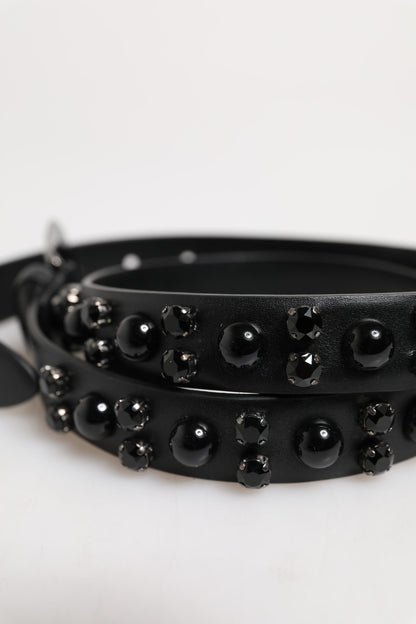 Black Studded Leather Metal Logo Buckle Belt