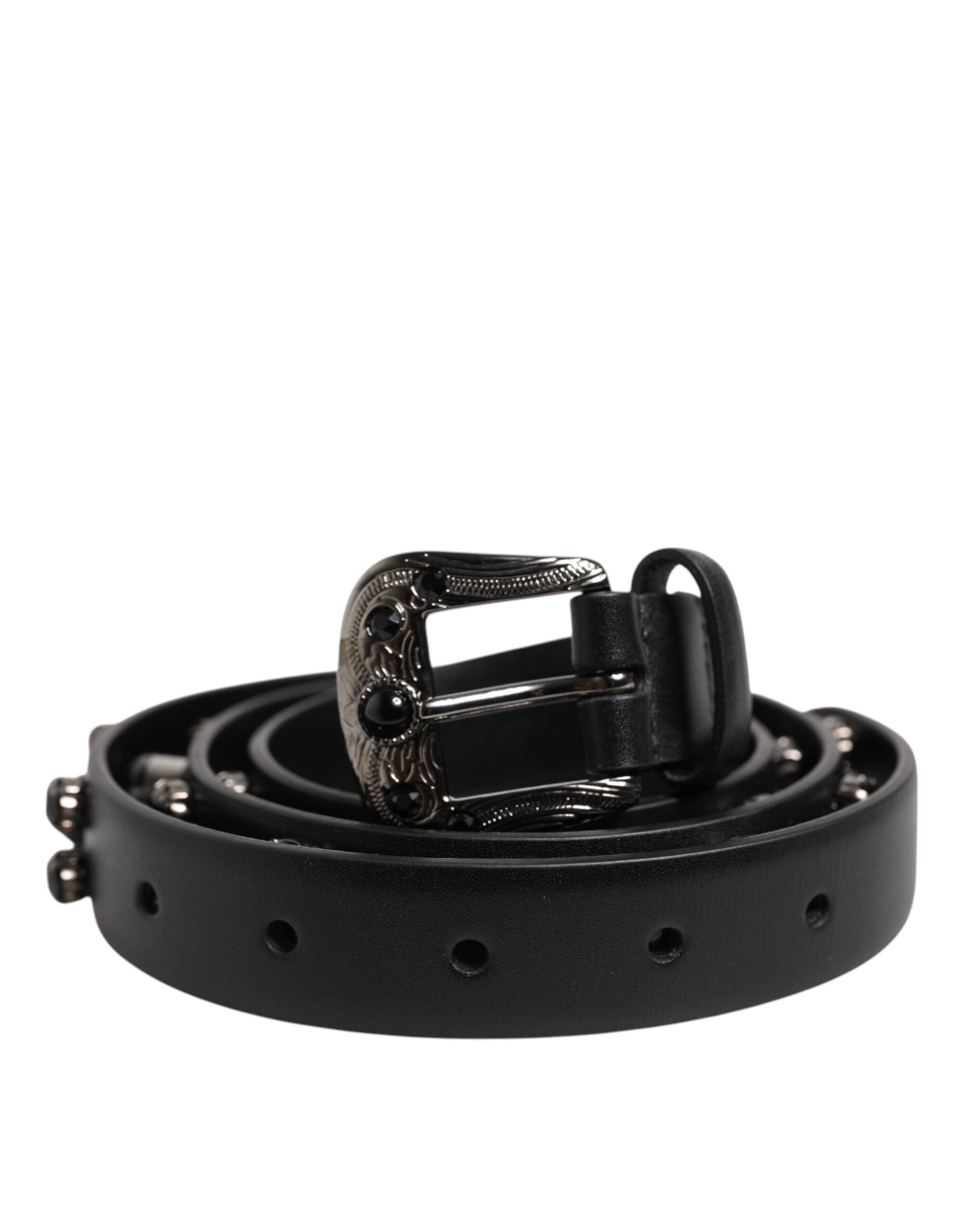 Black Studded Leather Metal Logo Buckle Belt